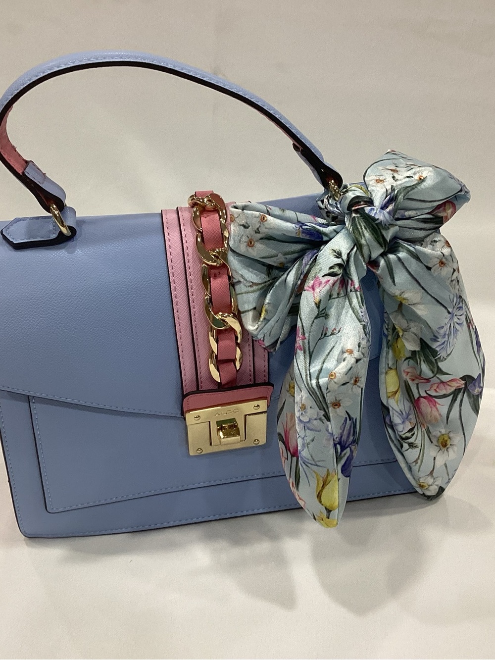 Aldo Light Blue Satchel with Pink Strap and Floral Scarf